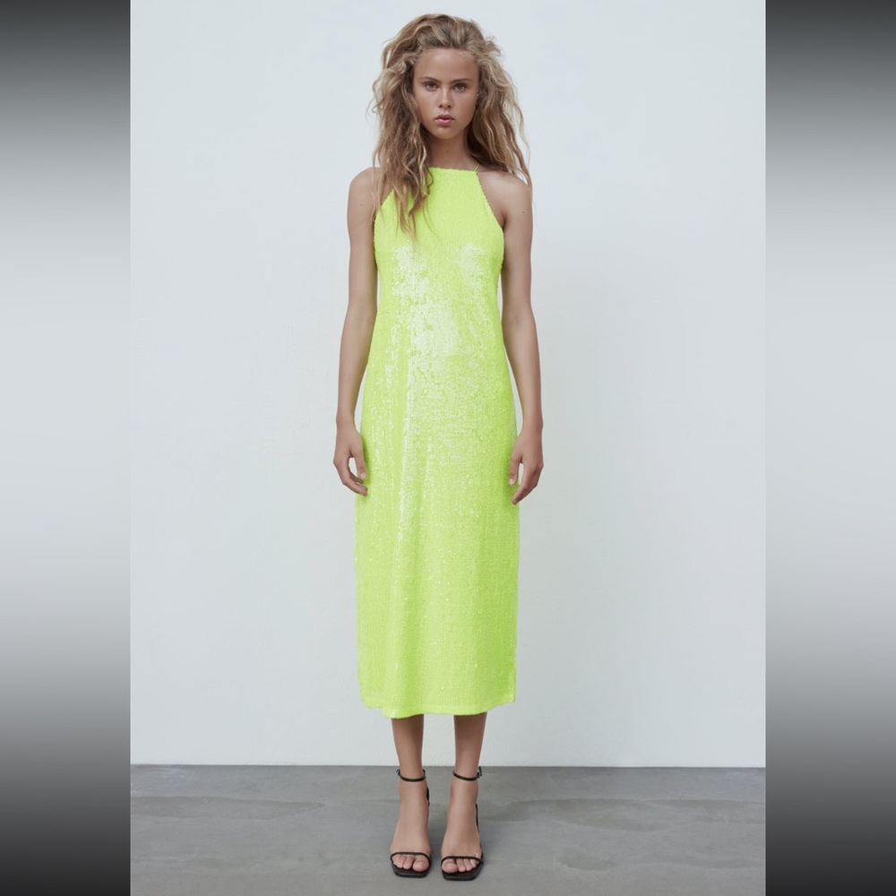 Zara Women’s Bright Citron Sequined Midi Dress Size S Sold Out NWT
